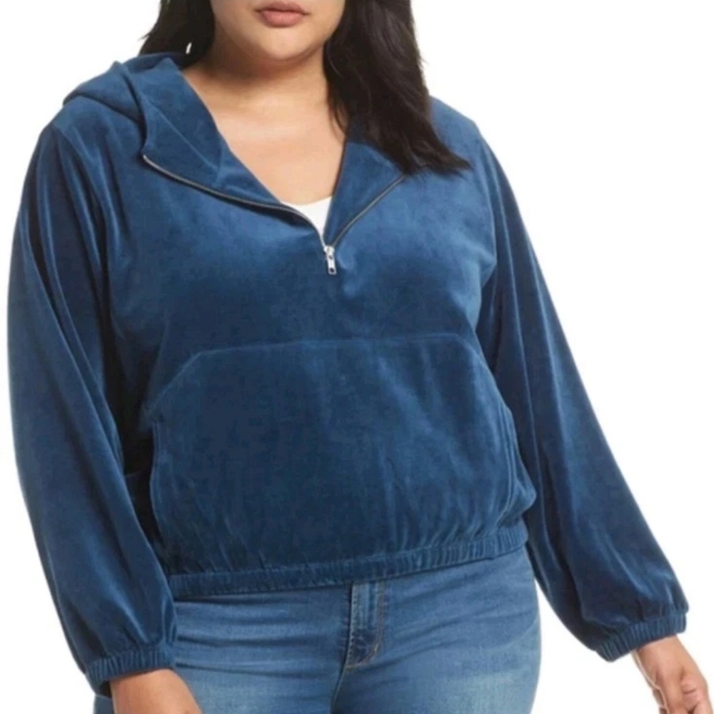 Bp Nordstrom Velvet Cropped Hoodie Woman Large Blue Aurora High Neck Qtr Zip Nwt